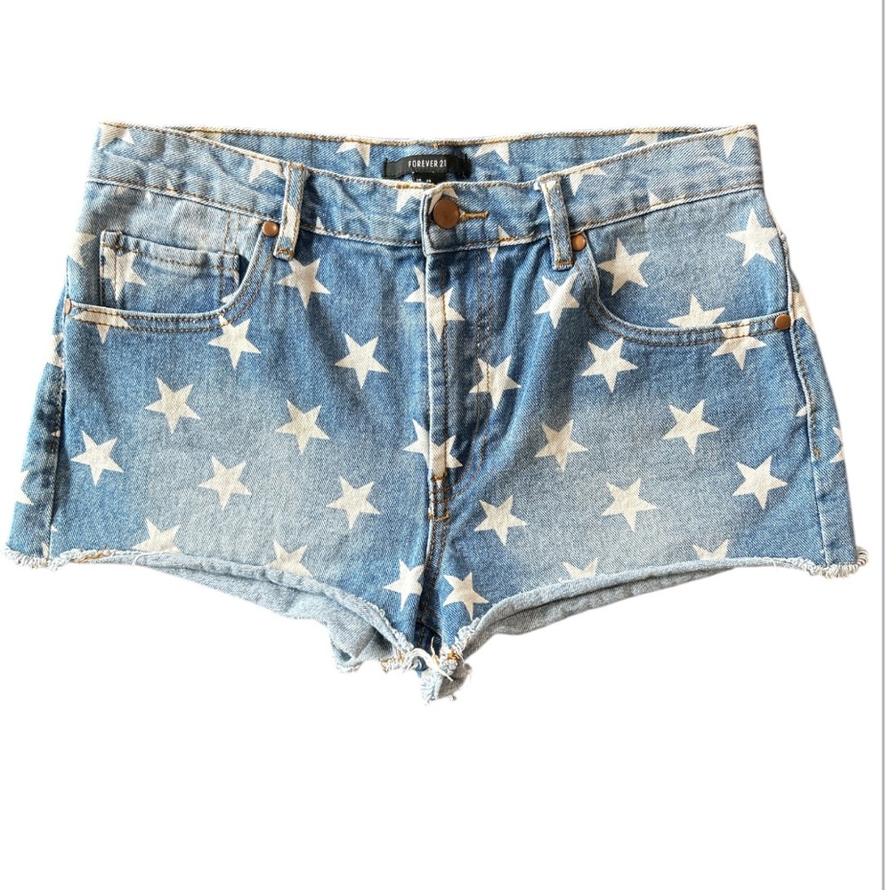 Forever 21 Pocketed White and Blue Denim Shorts with Star Pattern Juniors Sz 29